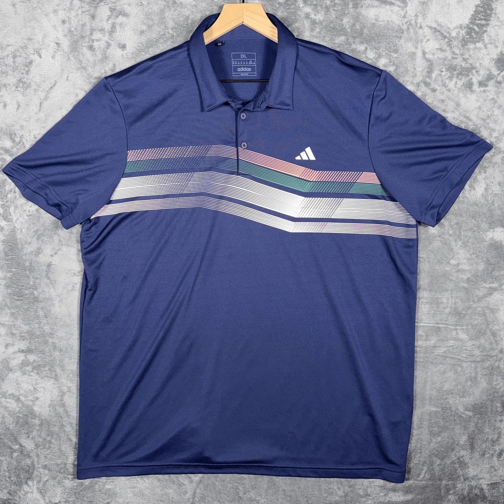 Adidas‎ Mens Golf Polo Shirt 2XL Navy Blue Striped Short Sleeve Athletic